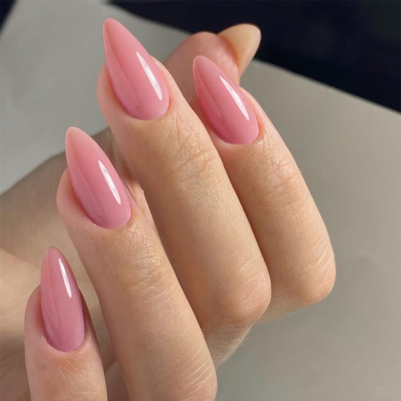 KQueenest Rose Pink Press on Nails Medium Stiletto Almond, Glossy Press on Acrylic Nails Set,Reusable Medium Fake Nails for Women Nails Art Manicure in 24 PCS - Image 2